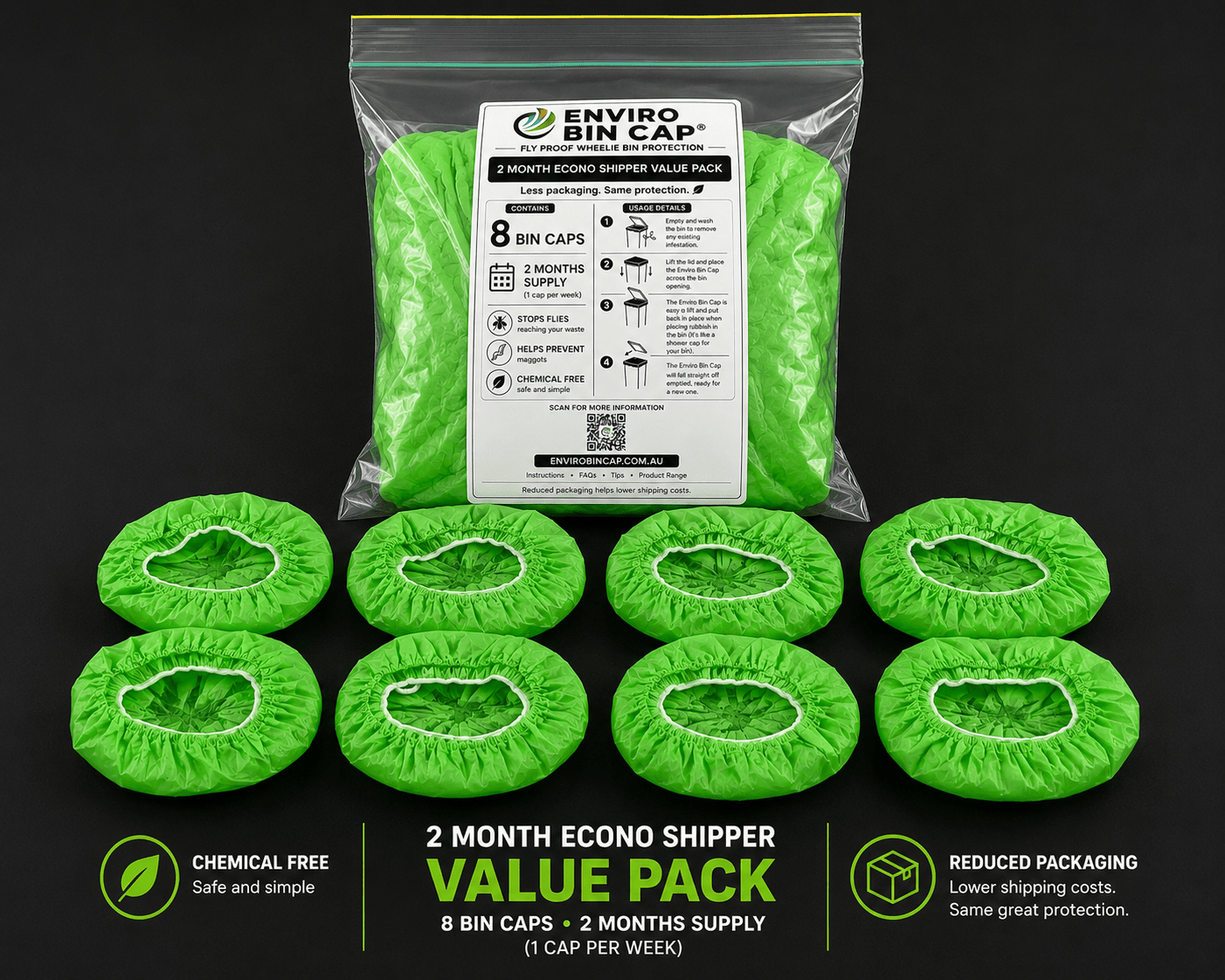 2 Month Econo Shipper Pack – 8 Bin Caps - Fly Proof Wheelie Bin Cover