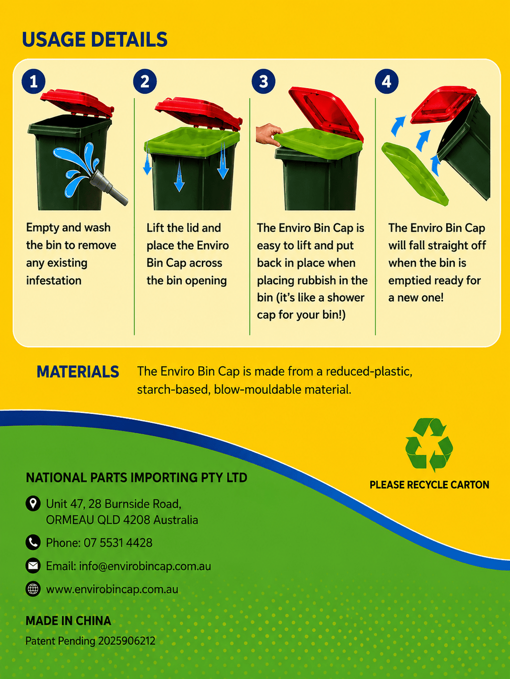Enviro Bin Cap - Full Carton (20 Bin Caps) - Fly Proof Wheelie Bin Cover