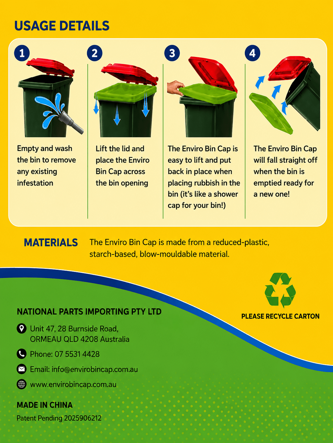 Enviro Bin Cap - Full Carton (20 Bin Caps) - Fly Proof Wheelie Bin Cover